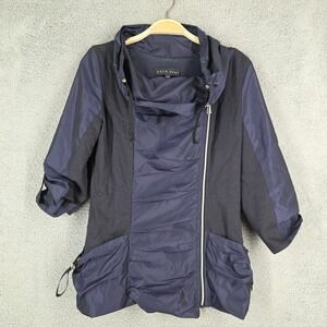 Shin Choi Women's Size XS Blue Black Zip Ruched Front Half Sleeve Jacket Mock